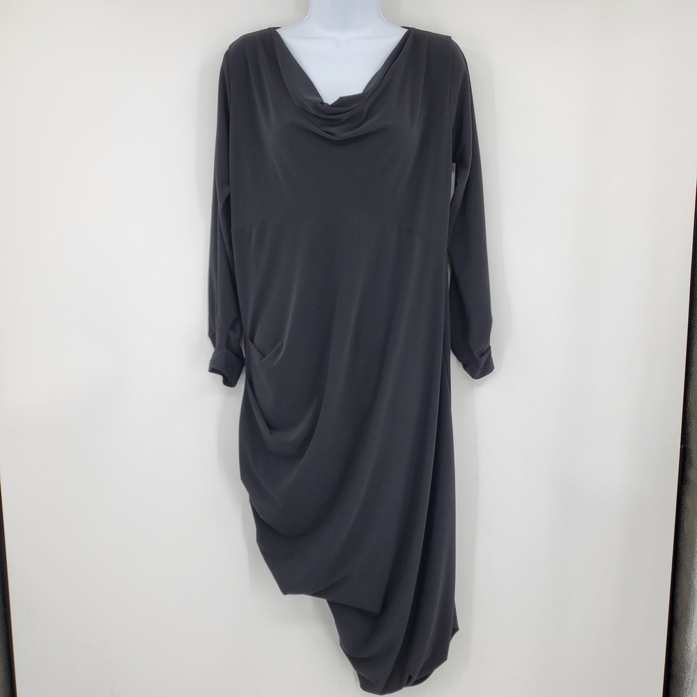 Sympli Womens Black Cowl Neck Asymmetric Draped Long Sleeve Dress 4 Minimalist